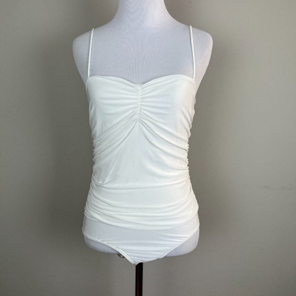 21‎ Saints Bodysuit Womens Large Off White Ruched V-Neck Lightweight Sleeveless - Picture 1 of 9